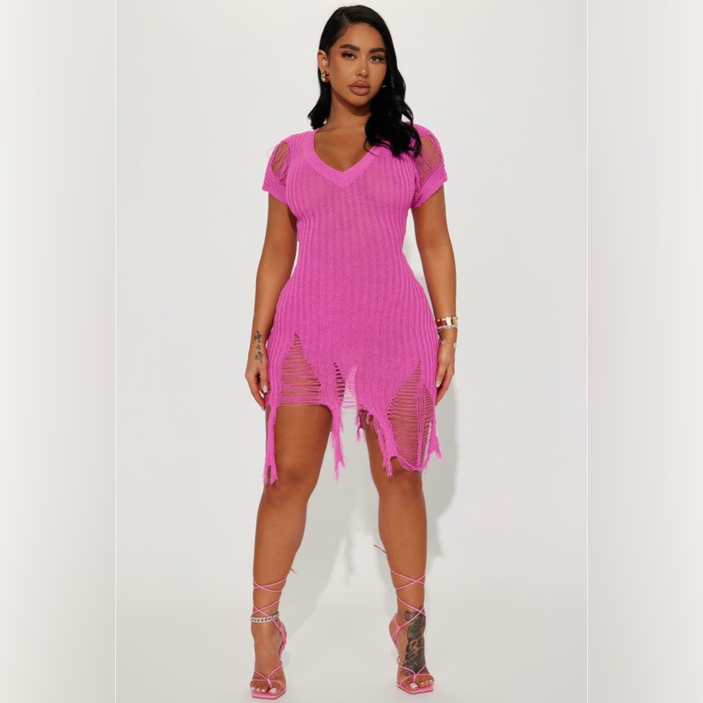 Neon Pink Distressed Mini Dress🩷